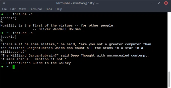 A terminal showing &#x27;fortune -c&#x27; command output