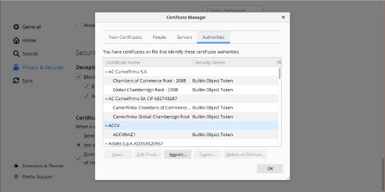 Firefox certificate manager
